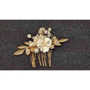 Gold Tone Hair Comb With Faux Pearl & Rhinestone Flower Bridal Accessory 3"
